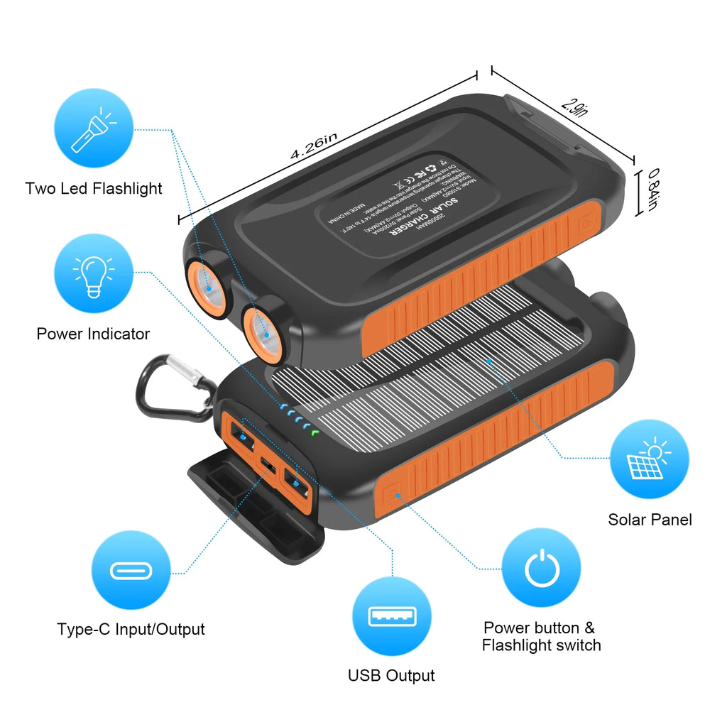 38800Mah Solar Power Bank Compatible for Iphone/Android 12W Portable Charger Power Bank with 2 SOS Flashlight Battery Pack for Outdoor Camping Hiking(Orange)