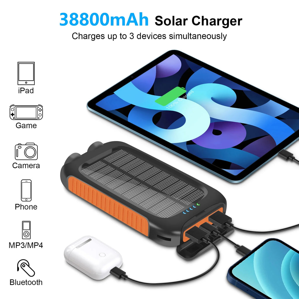 38800Mah Solar Power Bank Compatible for Iphone/Android 12W Portable Charger Power Bank with 2 SOS Flashlight Battery Pack for Outdoor Camping Hiking(Orange)